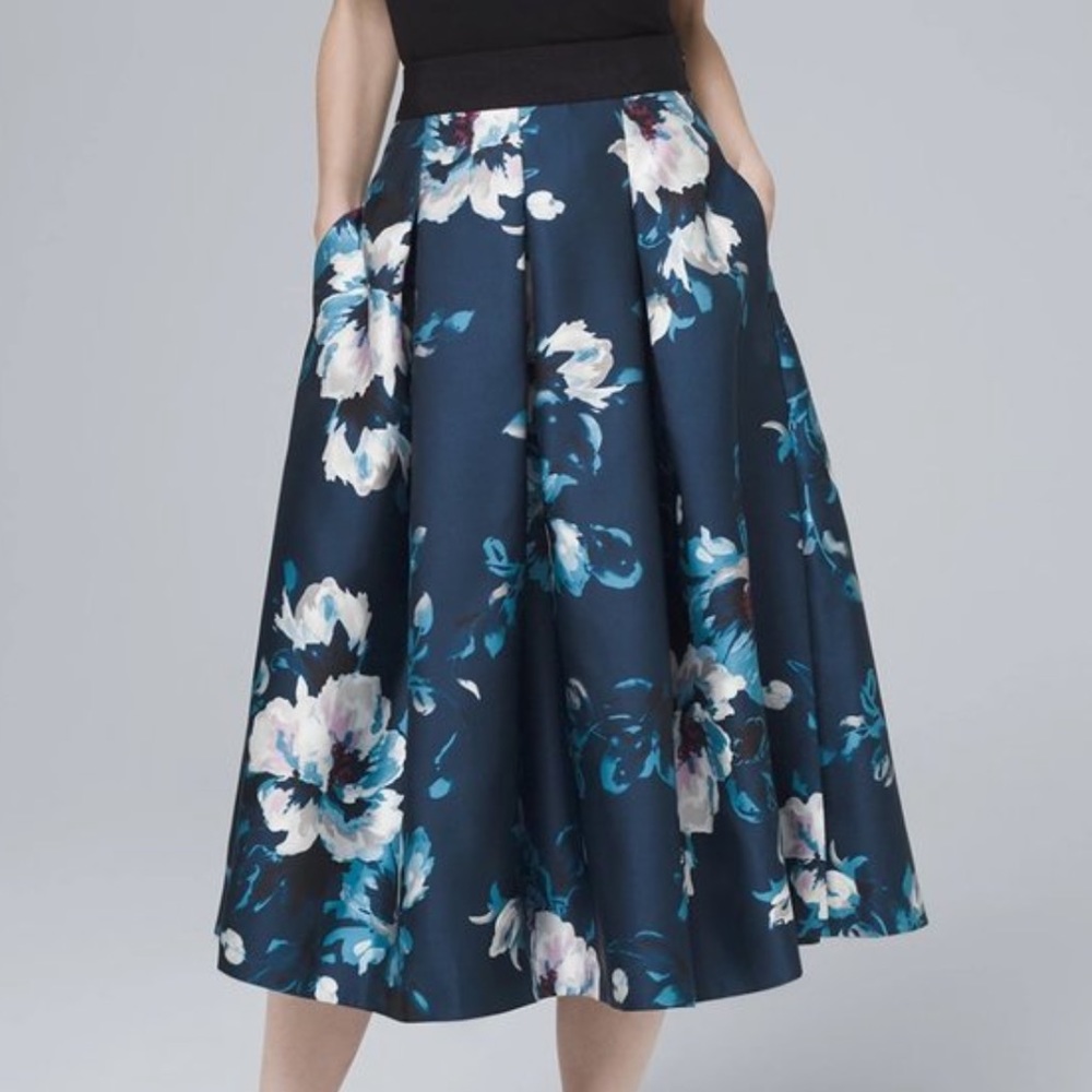 WHBM Blue and Pink Floral Print Full Midi Skirt, 00 - Picture 2 of 7